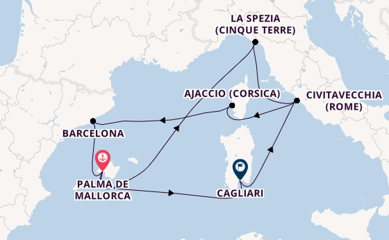 Westelijke Middellandse Zee vanaf Palma de Mallorca, Mallorca, Spanje met AIDAcosma