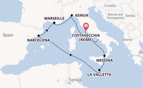 Westelijke Middellandse Zee vanaf Civitavecchia (Rome), Italië met de MSC World Asia