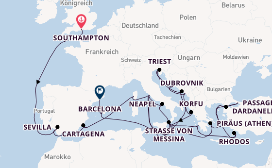 Mittelmeer ab Southampton, Großbritannien auf der Queen Elizabeth