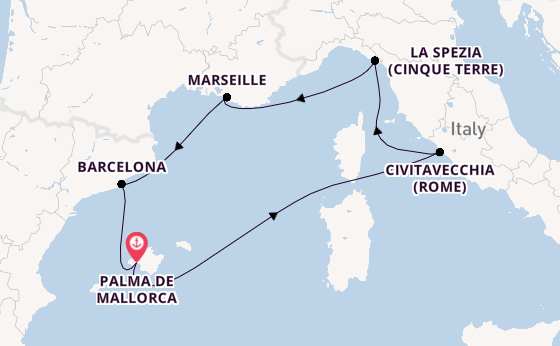 Westelijke Middellandse Zee vanaf Palma de Mallorca, Mallorca, Spanje met AIDAmar