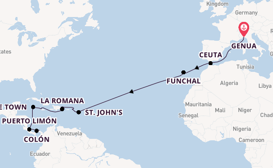 trans-Atlantisch vanaf Genua, Italië met de Artania