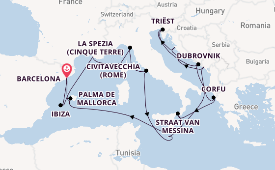 Middellandse Zee vanaf Barcelona, Spanje met de Queen Elizabeth