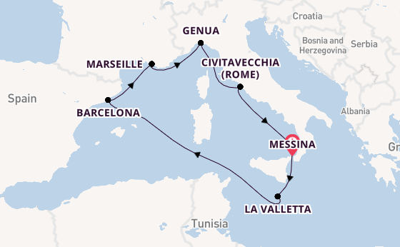 Westelijke Middellandse Zee vanaf Messina, Sicilië met de MSC World Asia
