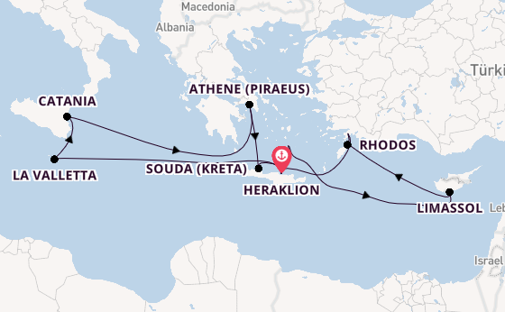 Oostelijke Middellandse Zee vanaf Heraklion, Griekenland met de Mein Schiff 5