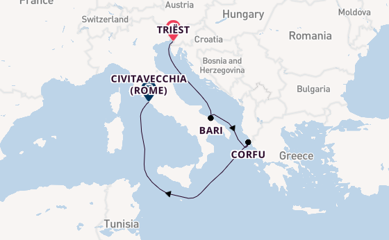 Westelijke Middellandse Zee vanaf Triëst, Italië met de Costa Deliziosa