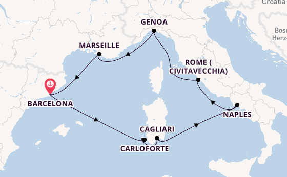 Western Mediterranean from Barcelona, Spain with the Costa Smeralda