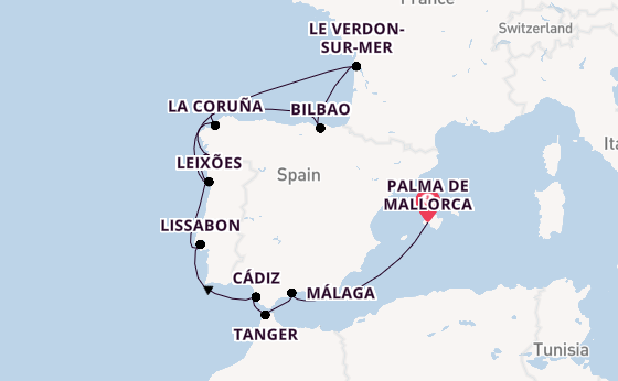 Portugal vanaf Palma de Mallorca, Mallorca, Spanje met de Mein Schiff 6