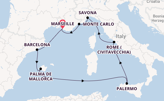 Western Mediterranean from Marseille, France with the Costa Toscana