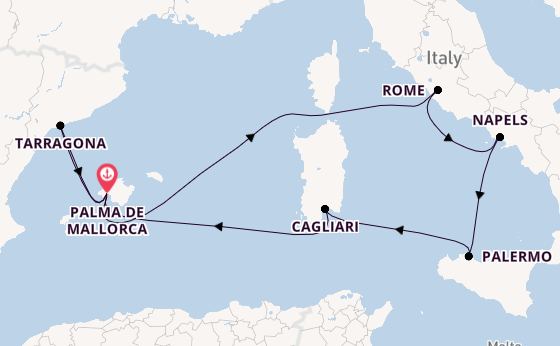 Westelijke Middellandse Zee vanaf Palma de Mallorca, Mallorca, Spanje met de Mein Schiff Flow