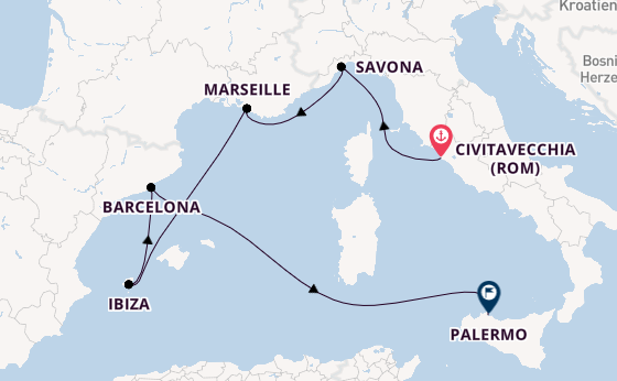 Westliches Mittelmeer ab Civitavecchia (Rom), Italien auf der Costa Smeralda