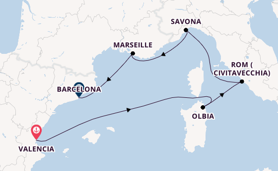 Westliches Mittelmeer ab Valencia, Spanien auf der Costa Pacifica