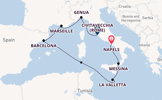 Westelijke Middellandse Zee vanaf Napels, Italië met de MSC World Europa