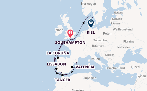 England ab Southampton, Großbritannien auf der Queen Victoria