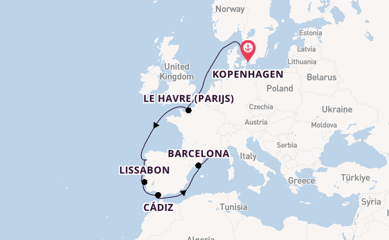 Westelijke Middellandse Zee vanaf Kopenhagen, Denemarken met de Costa Diadema