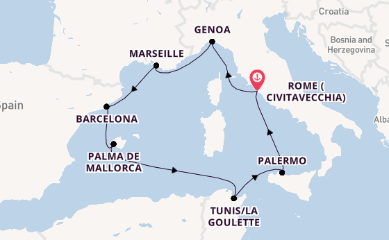 Western Mediterranean from Rome (Civitavecchia), Italy with the Costa Toscana