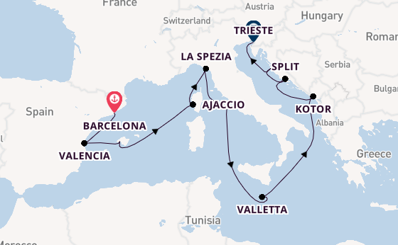 Mediterranean Sea from Barcelona, Spain with the Queen Elizabeth