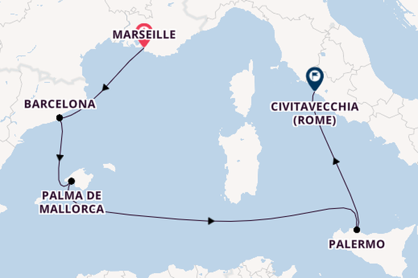 Westelijke Middellandse Zee vanaf Marseille, Frankrijk met de Costa Toscana