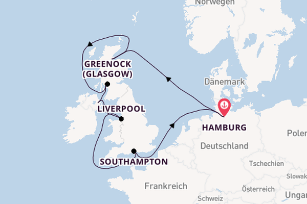 Vereinigtes Königreich ab Hamburg, Deutschland auf der Mein Schiff 2
