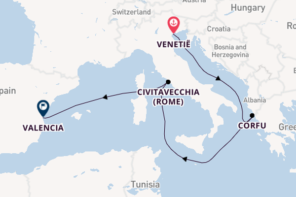 Westelijke Middellandse Zee vanaf Venetië, Italië met de MSC Lirica
