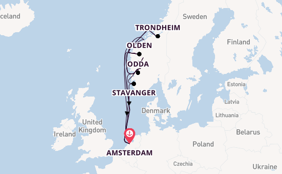 Noorwegen vanaf Amsterdam, Nederland met de Zuiderdam