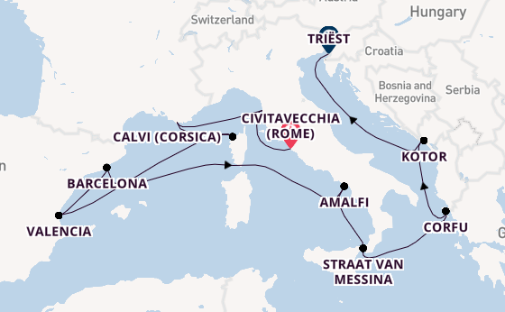 Westelijke Middellandse Zee vanaf Civitavecchia (Rome), Italië met de Queen Victoria