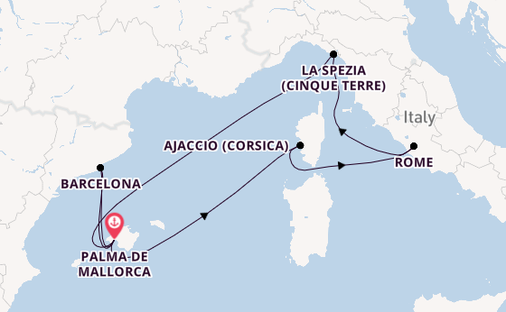Westelijke Middellandse Zee vanaf Palma de Mallorca, Mallorca, Spanje met de Mein Schiff Flow