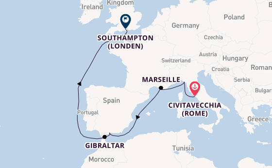 Westelijke Middellandse Zee vanaf Civitavecchia (Rome), Italië met de Queen Anne