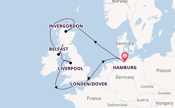 Verenigd Koninkrijk vanaf Hamburg, Duitsland met de Mein Schiff 2 