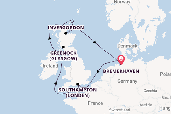 Verenigd Koninkrijk vanaf Bremerhaven, Duitsland met de Mein Schiff 2 
