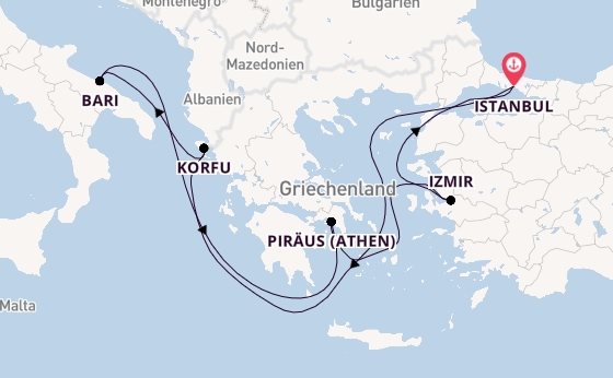 Mittelmeer ab Istanbul, Türkei auf der MSC Lirica