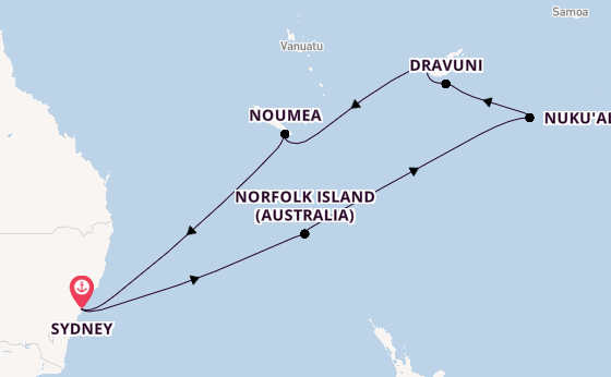 Zuidelijke Stille Oceaan vanaf Sydney, Australië met de Carnival Adventure