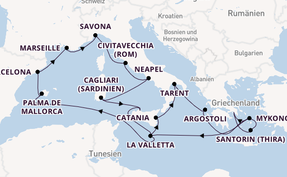 Mittelmeer ab Piräus (Athen), Griechenland auf der Costa Serena