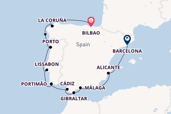 Westelijke Middellandse Zee vanaf Bilbao, Spanje met de Marina