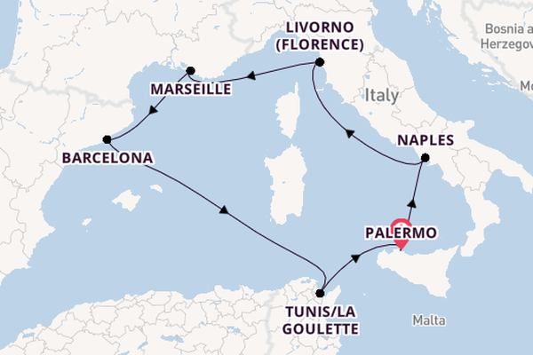 Western Mediterranean from Palermo, Sicily, Italy with the MSC Virtuosa