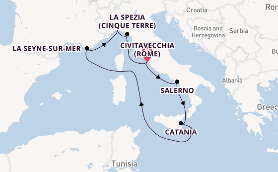Westelijke Middellandse Zee vanaf Civitavecchia (Rome), Italië met de Costa Fascinosa