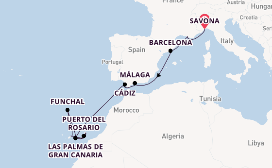Canary Islands from Savona, Italy with the Costa Smeralda