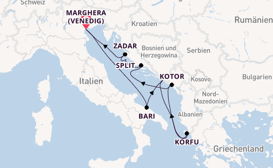 Mittelmeer ab Marghera (Venedig) auf der Costa Deliziosa
