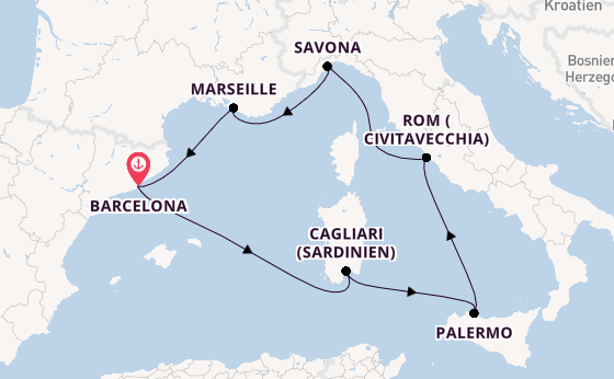 Westliches Mittelmeer ab Barcelona, Spanien auf der Costa Pacifica