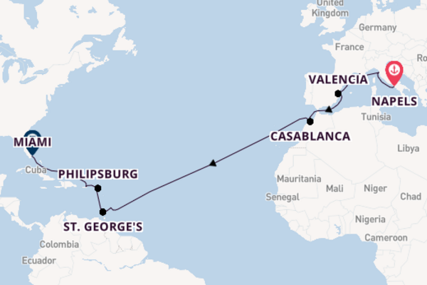 trans-Atlantisch vanaf Napels, Italië met de MSC Seaside