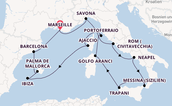 Westliches Mittelmeer ab Marseille, Frankreich auf der Costa Favolosa