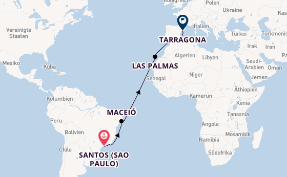 Transatlantik ab Santos (Sao Paulo), Brasilien auf der MSC Musica
