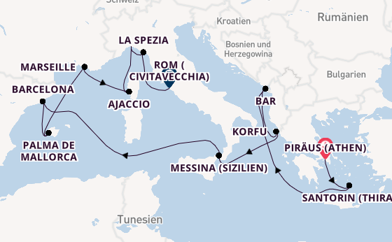 Mittelmeer ab Piräus (Athen), Griechenland auf der Sun Princess