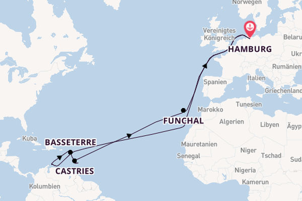 Karibik ab Hamburg, Deutschland auf der Mein Schiff Flow