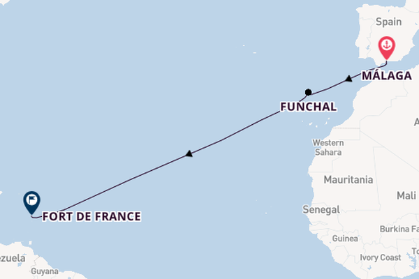 Westelijke Middellandse Zee vanaf Málaga, Spanje met de Le Bougainville