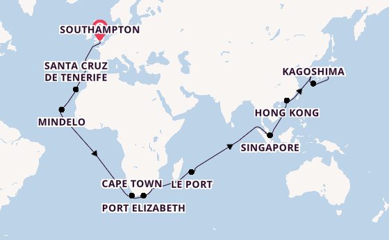 East Asia from Southampton, England with the Queen Elizabeth