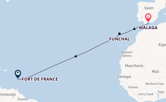 Westelijke Middellandse Zee vanaf Málaga, Spanje met de Le Bougainville