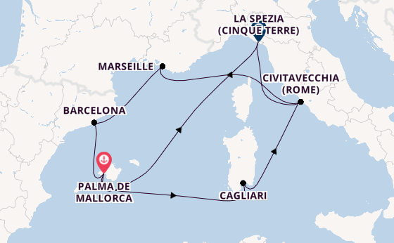 Westelijke Middellandse Zee vanaf Palma de Mallorca, Mallorca, Spanje met AIDAcosma