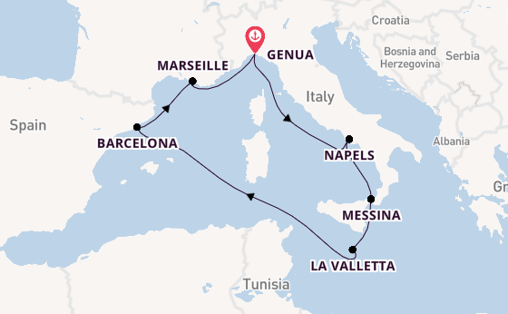 Westelijke Middellandse Zee vanaf Genua, Italië met de MSC World Asia