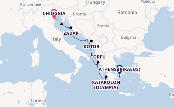 Eastern Mediterranean from Chioggia, Italy with the Viking Sky