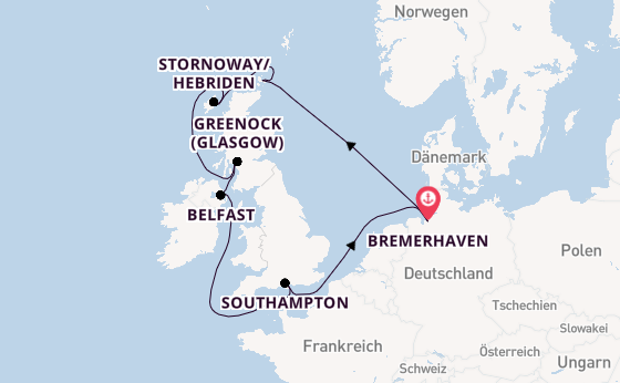 Vereinigtes Königreich ab Bremerhaven, Deutschland auf der Mein Schiff 2